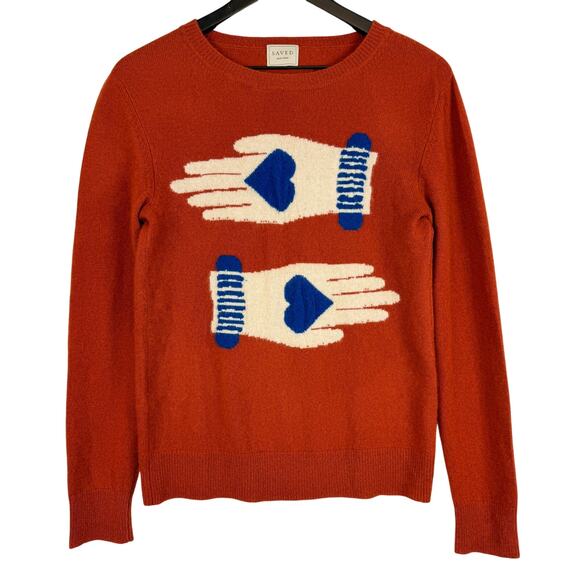 SAVED NY Womens S/M Graphic Hands 100% Cashmere Sweater Dark Orange $410 - Picture 1 of 7